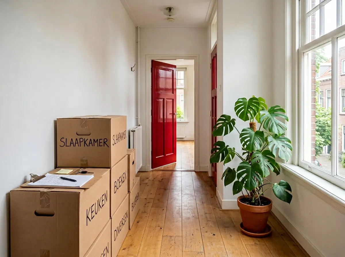 Ontruimingsteam laadt een busje in voor een woning langs de Oudegracht in Utrecht